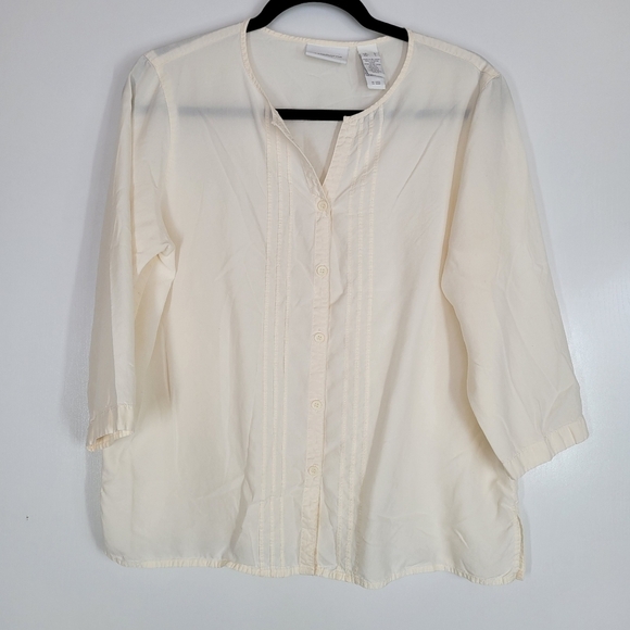 Liz Claiborne Vintage Ivory Button Down Blouse 90s Lightweight Quayer Sleeve Lrg - Picture 1 of 11